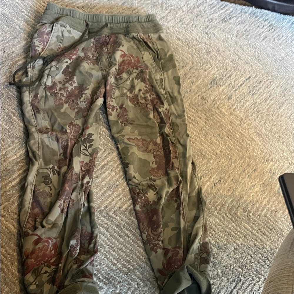 Anthropologie Olive and Burgundy Patterned Joggers